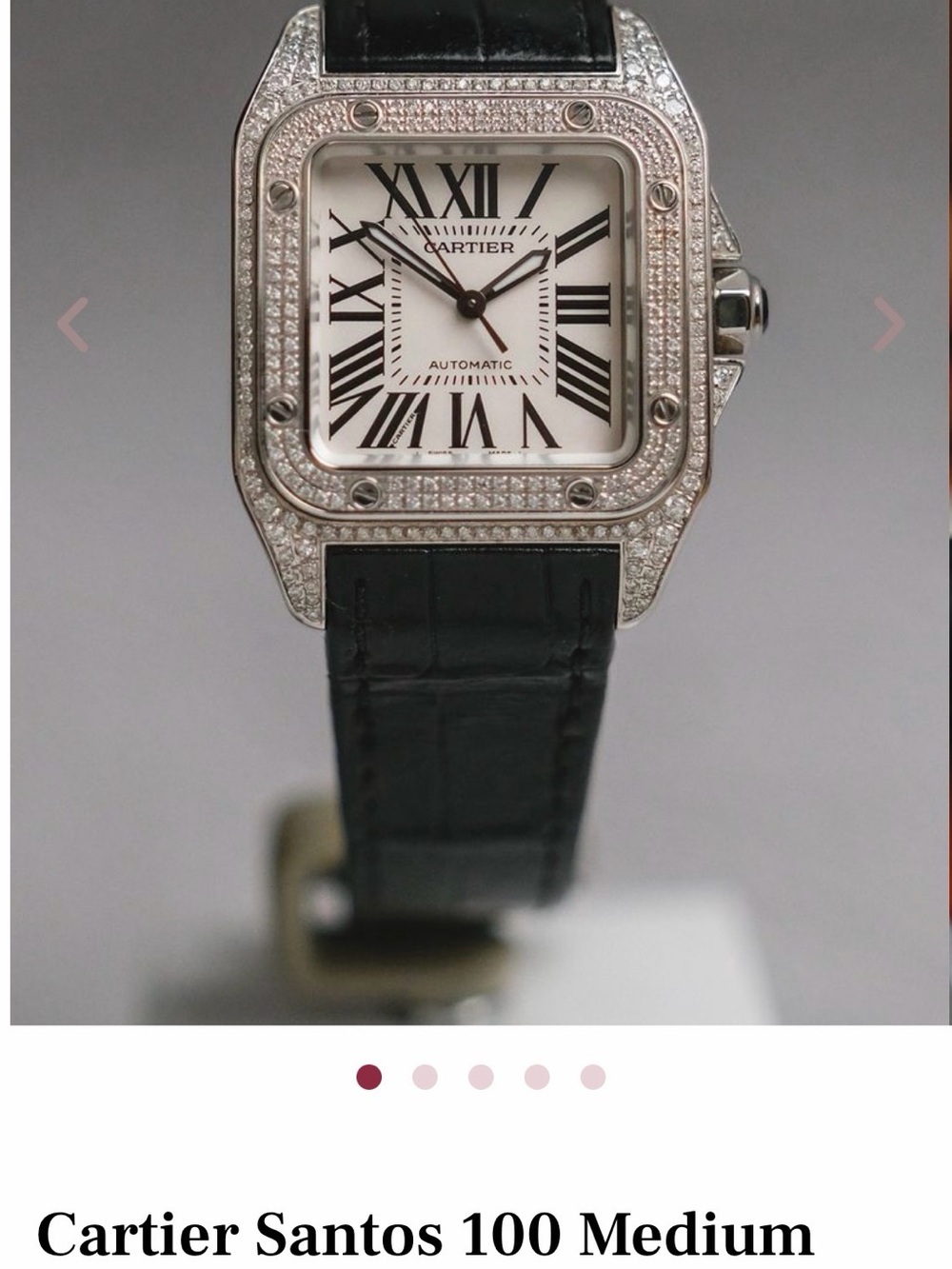 Cartier Santos with Diamond-Studded Silver Case and Black Strap